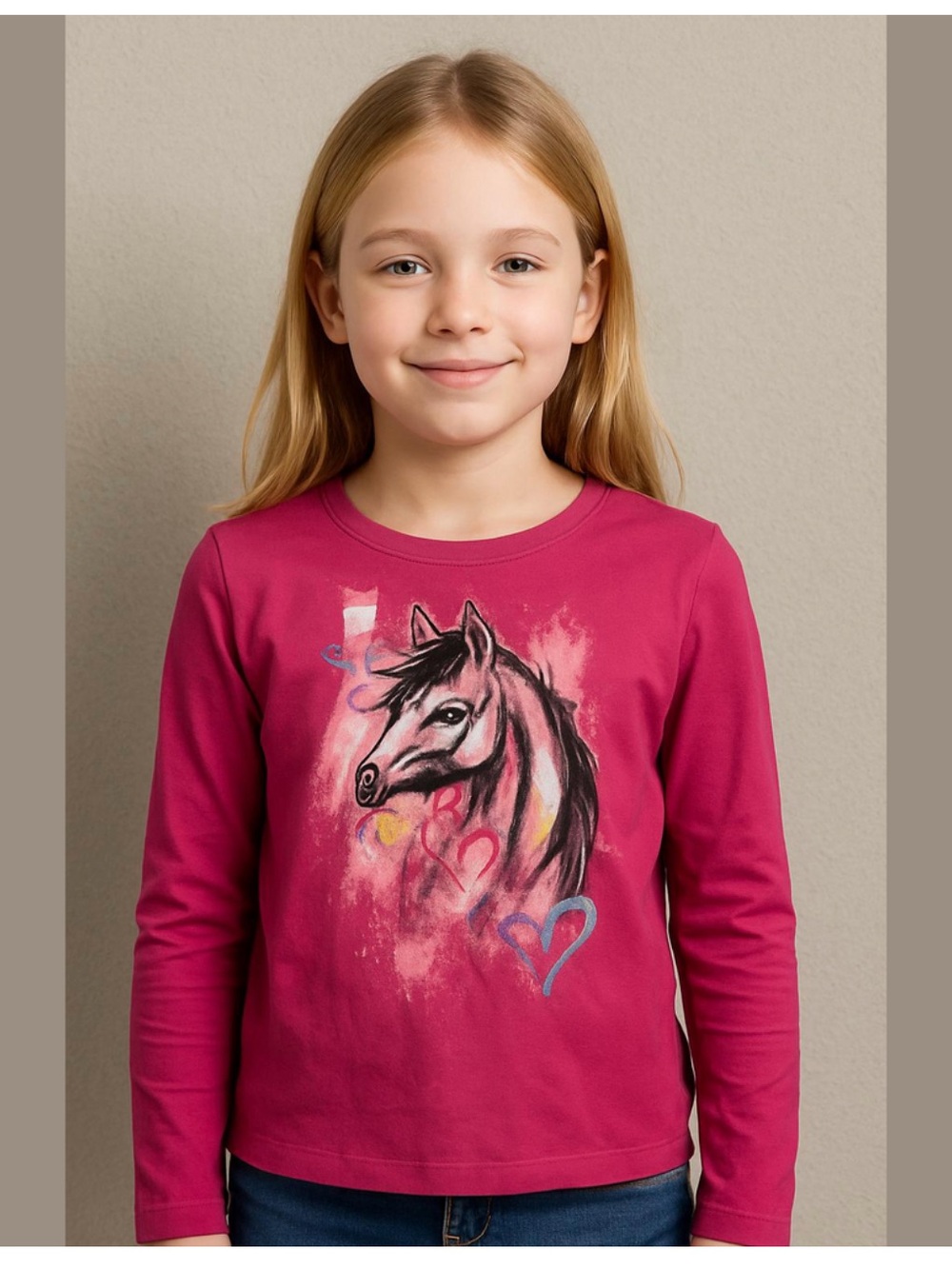 Place Magenta Long Sleeve Tee with Horse and Hearts
